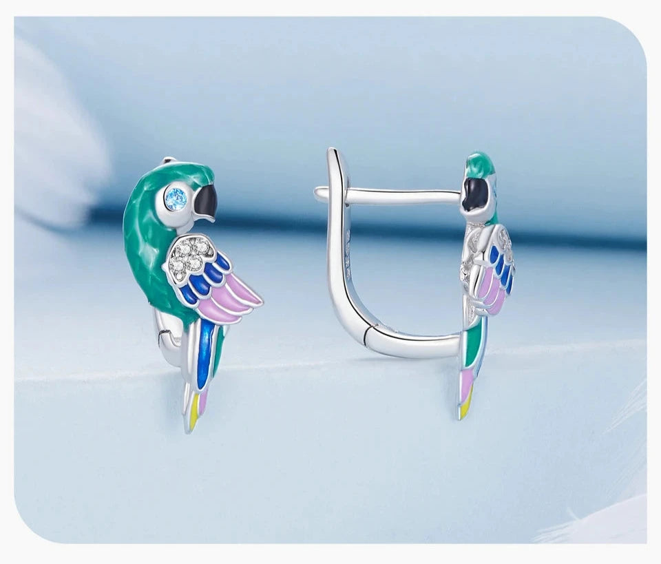 Aros De Plata, Esmalte Y Circón, Diseño Loro De Colores.