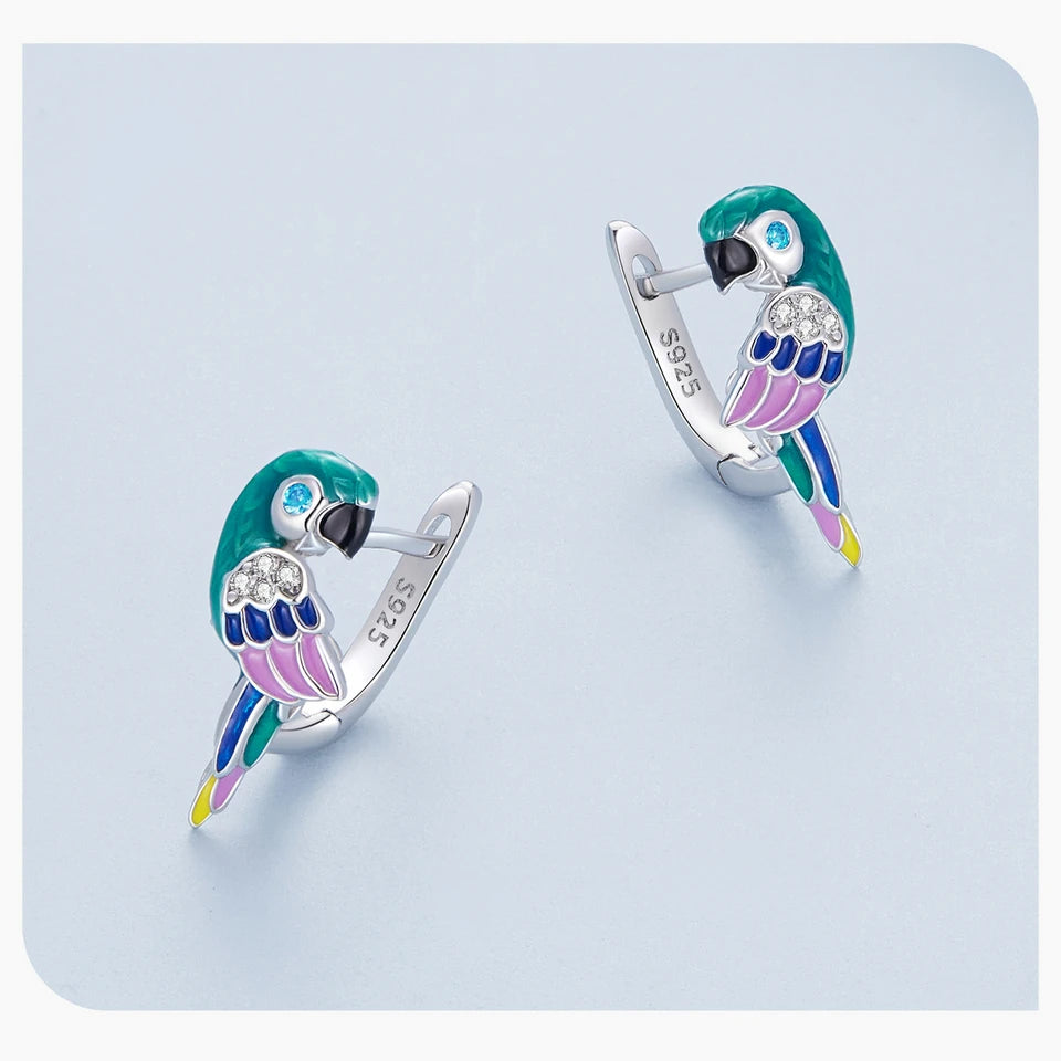 Aros De Plata, Esmalte Y Circón, Diseño Loro De Colores.