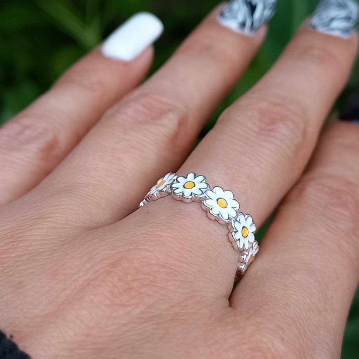 Conjunto Anillo Ajustable + Aros de Margaritas de Plata.