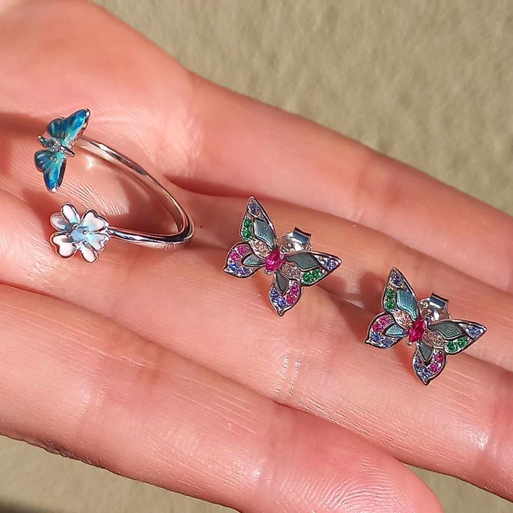Conjunto Anillo Ajustable + Aros de Mariposa de Plata.