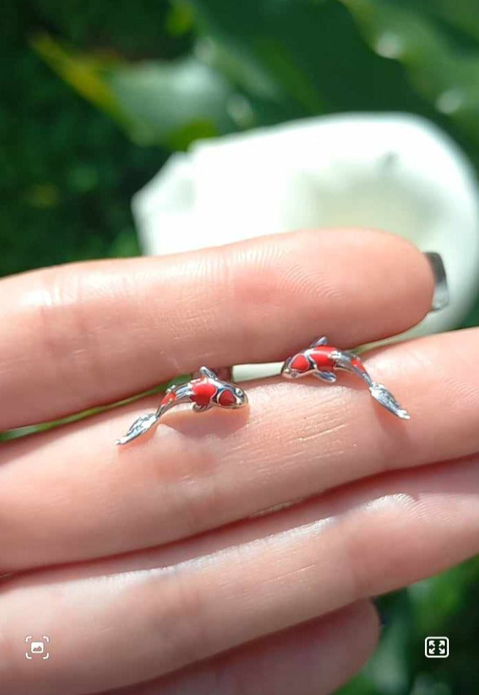Conjunto Anillo Ajustable + Aros de Pez Koi de Plata.