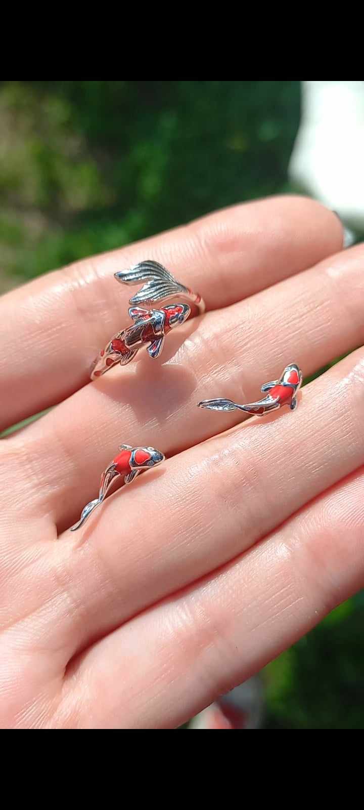 Conjunto Anillo Ajustable + Aros de Pez Koi de Plata.