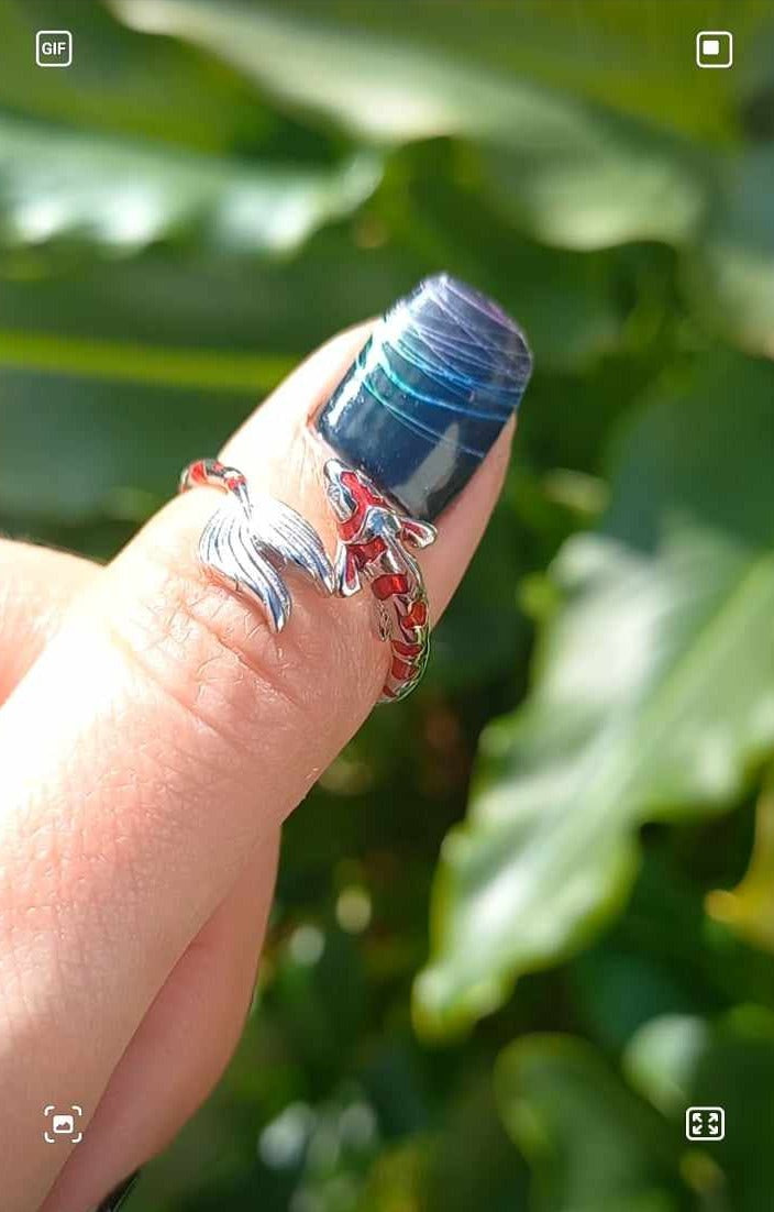Conjunto Anillo Ajustable + Aros de Pez Koi de Plata.