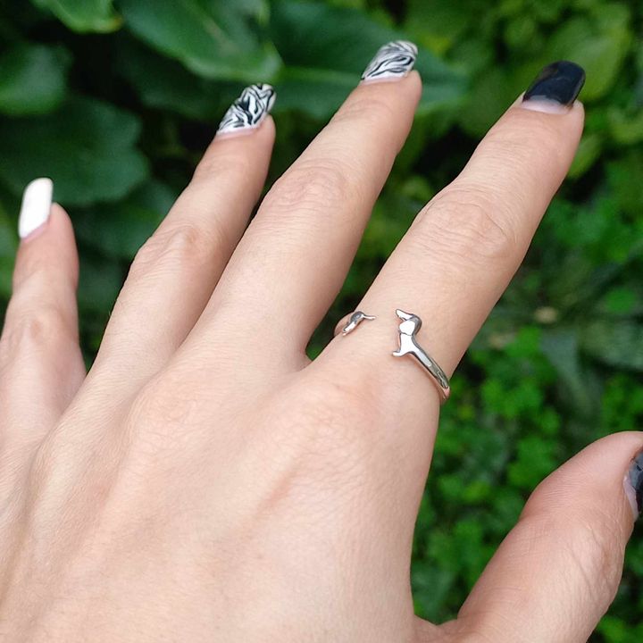 Conjunto Anillo Ajustable + Aros de Dachshund de Plata.