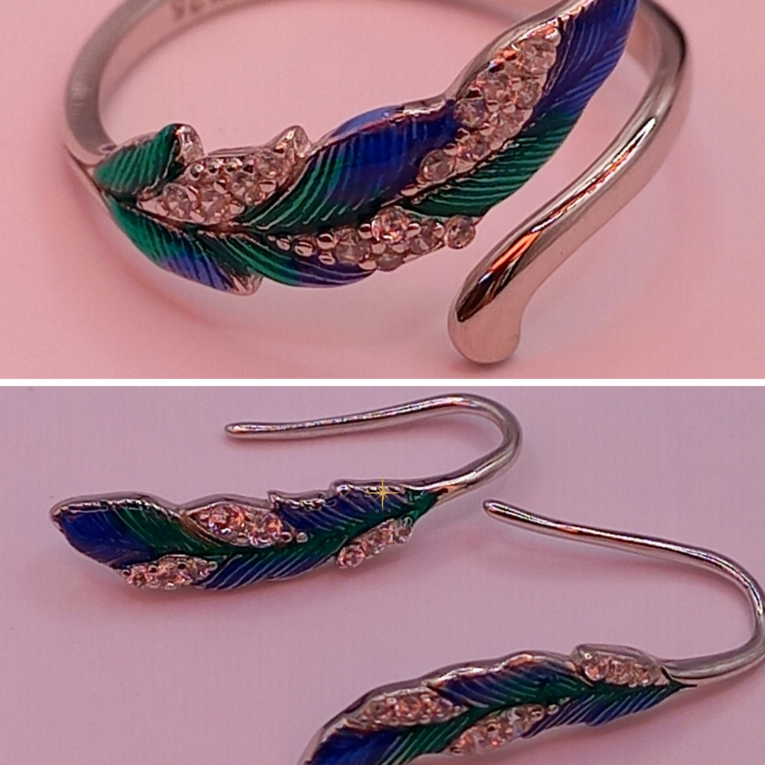 Conjunto Anillo Ajustable + Aros de Pluma de Plata.