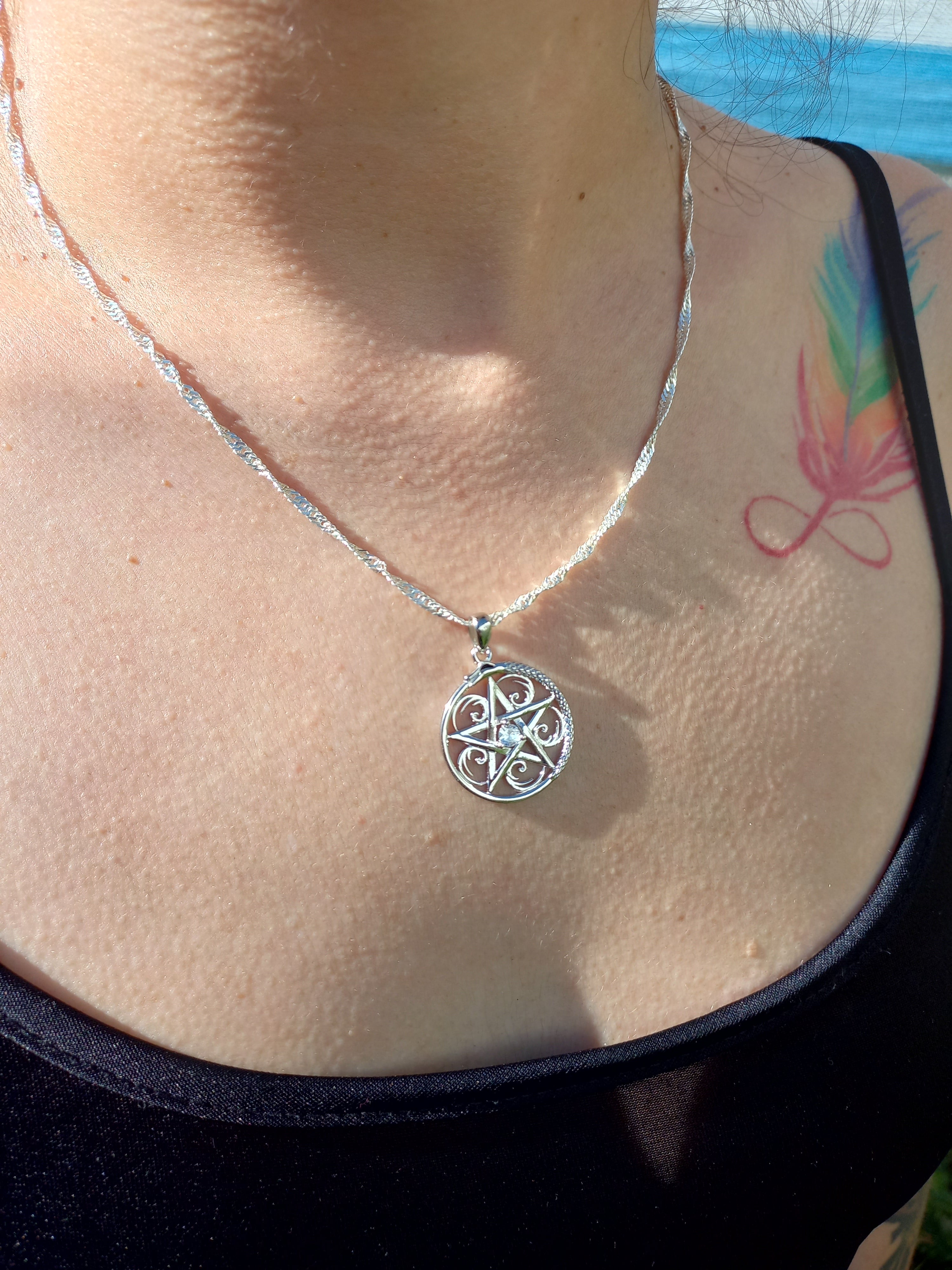 Colgante Pentáculo con Uróboros y Cadena de Plata 50 cm.