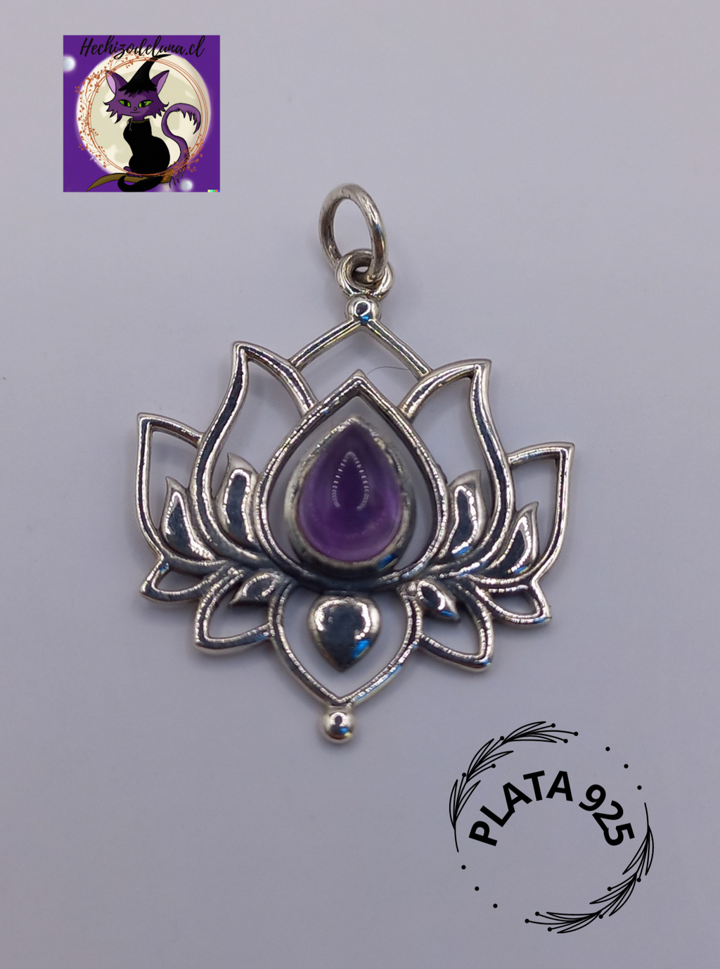 Colgante Flor de Loto piedra Amatista con Cadena de Plata 50 cm.