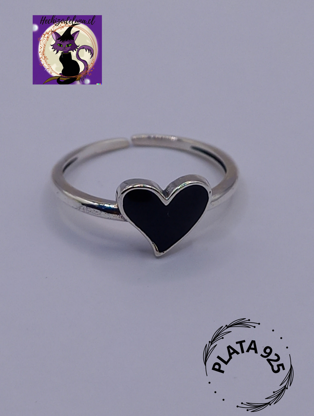Anillo Ajustable Plata 925 Corazon Negro.