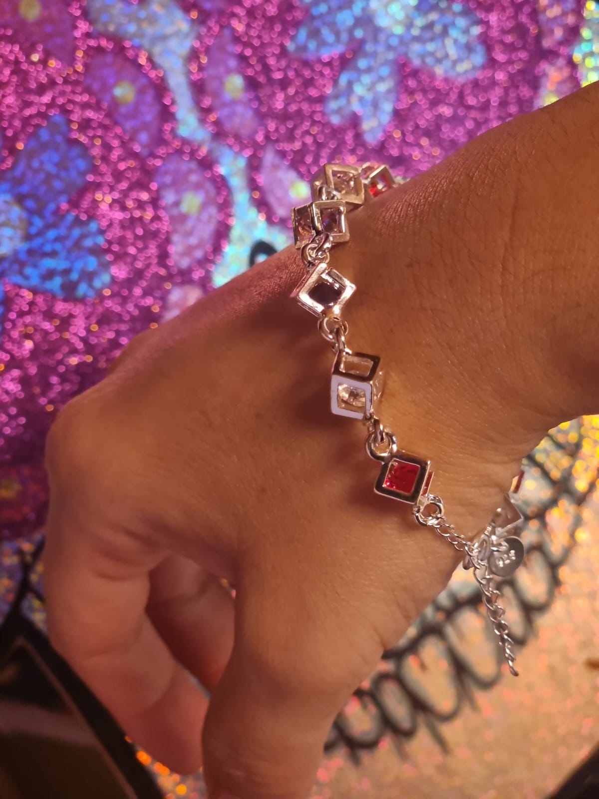 Pulsera Arcoiris Cuadrada de Plata con Circones.