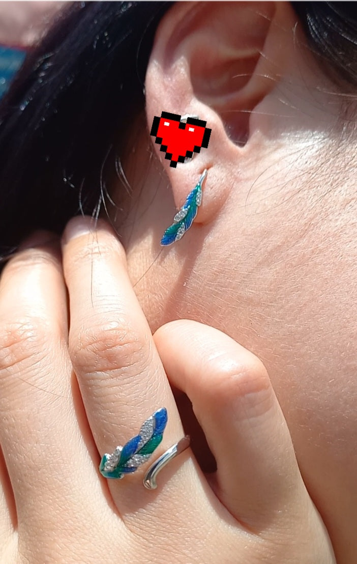 Conjunto Anillo Ajustable + Aros de Pluma de Plata.