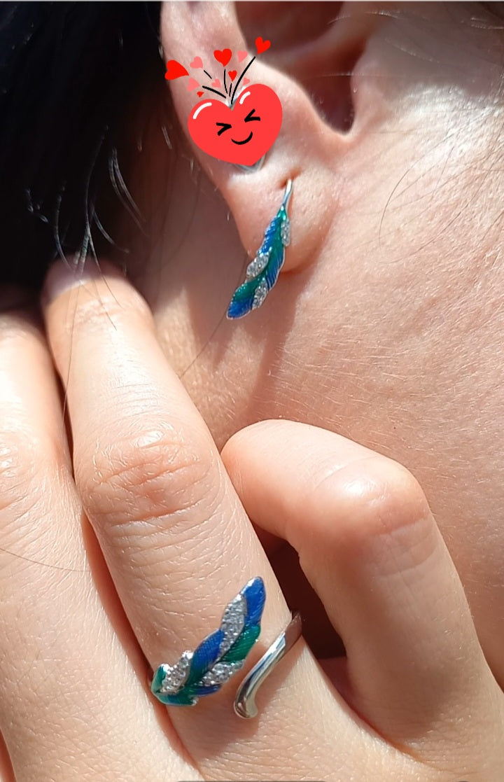 Conjunto Anillo Ajustable + Aros de Pluma de Plata.